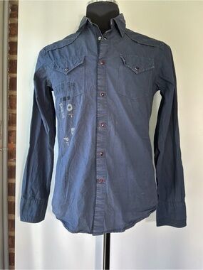 Vintage Y2K Guess Affliction Aesthetic Style Button Snap Blue Shirt Size Small